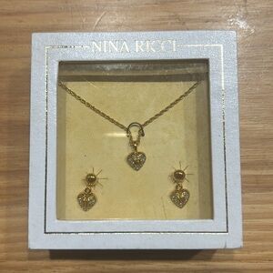 Nina Ricci Gold and Silver Heart Jewelry Set necklace and earrings NIB